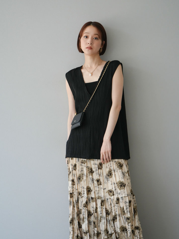 [SET]ウェーブパイピングVネックベスト+フラワーワッシャーロングスカート(2set)