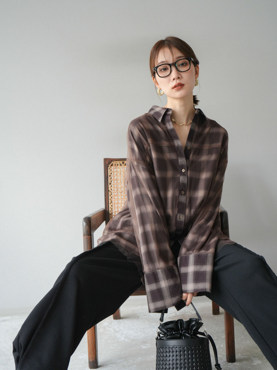 [予約]チュールドッキングチェック柄オーバーサイズシャツ/ブラウン