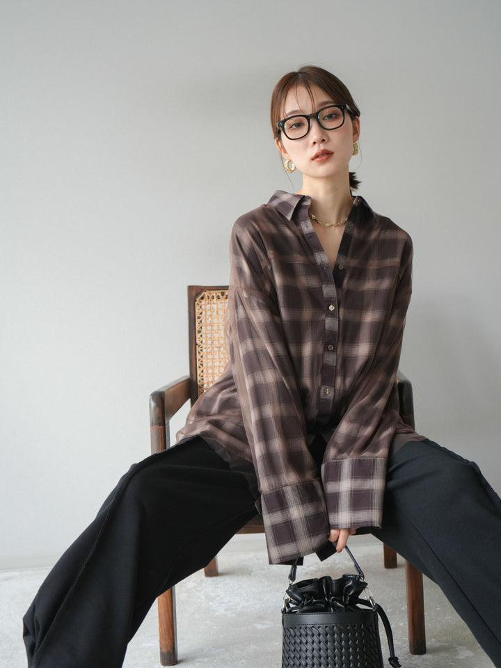 [予約]チュールドッキングチェック柄オーバーサイズシャツ/ブラウン