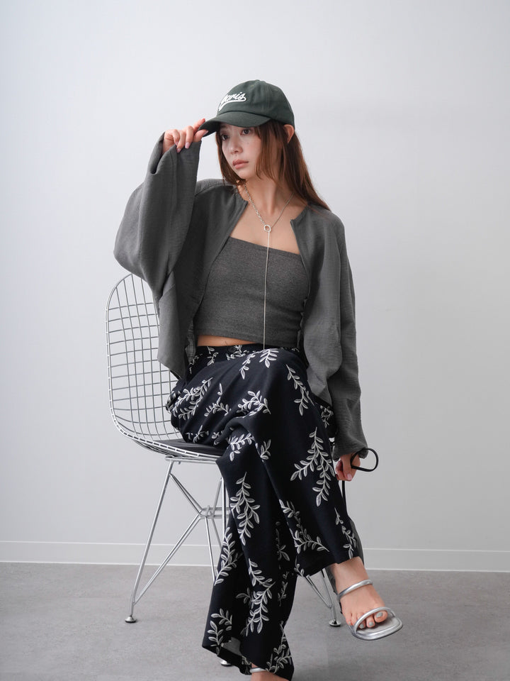 [SET]リネンライクノーカラーブルゾン+リーフプリントタックワイドパンツ+カップ付テレコリブベアキャミソール(3set)
