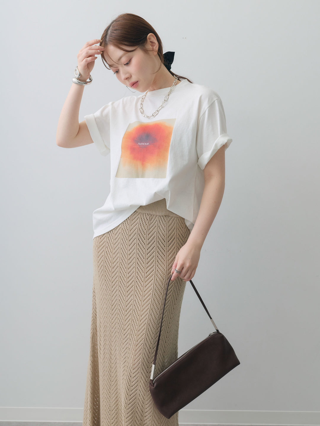 [SET]ニュアンスフローラルフォトTEE+クロシェシアーセミフレアスカート(2set)