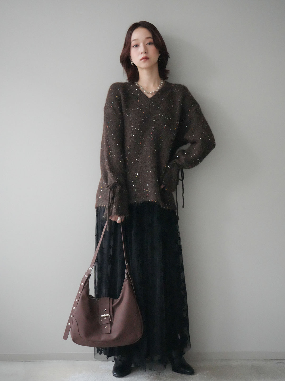 [SET]キャンディースリーブカラーネップスパンコールニットプルオーバー+フラワーフロッキーチュールプリーツスカート(2set)