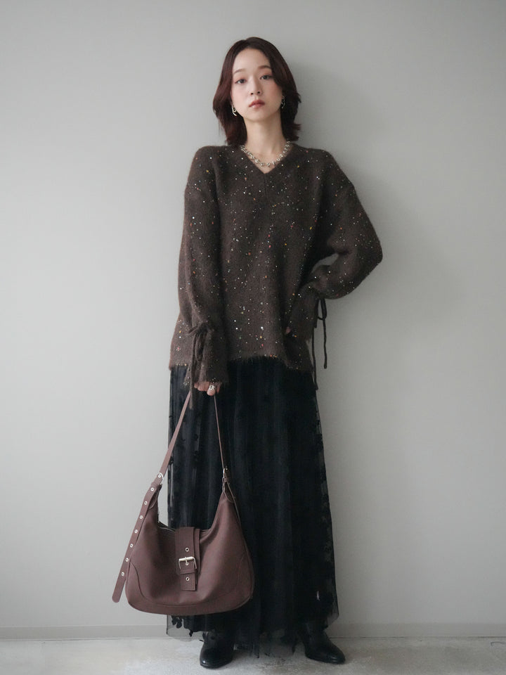 [SET]キャンディースリーブカラーネップスパンコールニットプルオーバー+フラワーフロッキーチュールプリーツスカート(2set)