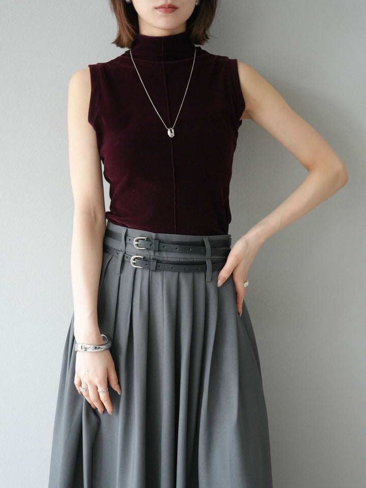 [SET]シアーベロアプチネックノースリーブトップス+エステルプリーツスリットスカート(2set)