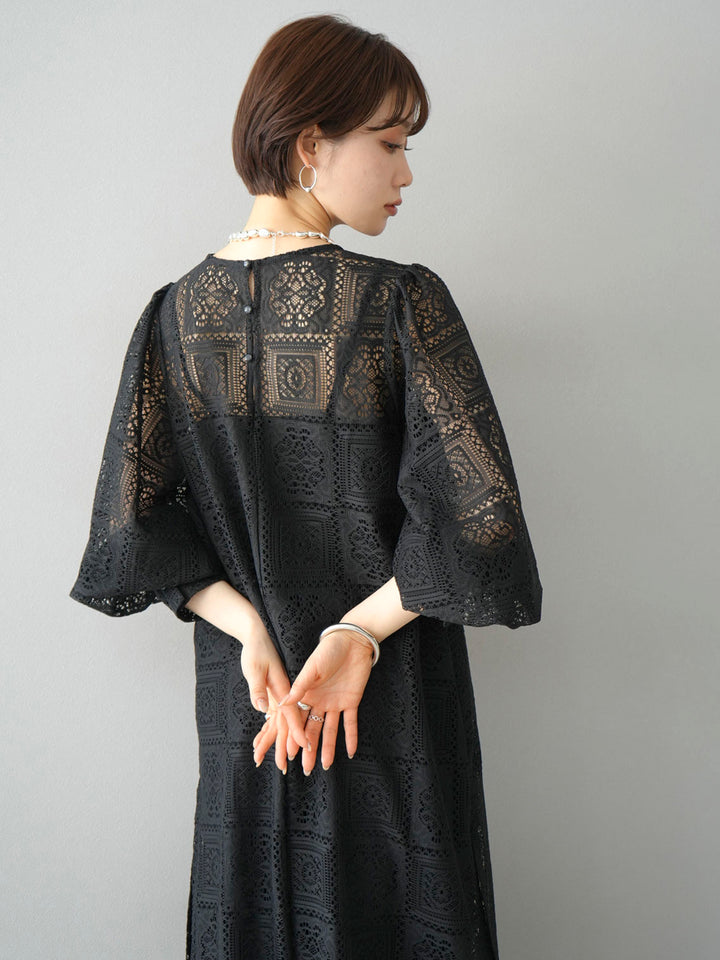 [SET] Block lace volume sleeve dress + selectable necklace set (2 sets)