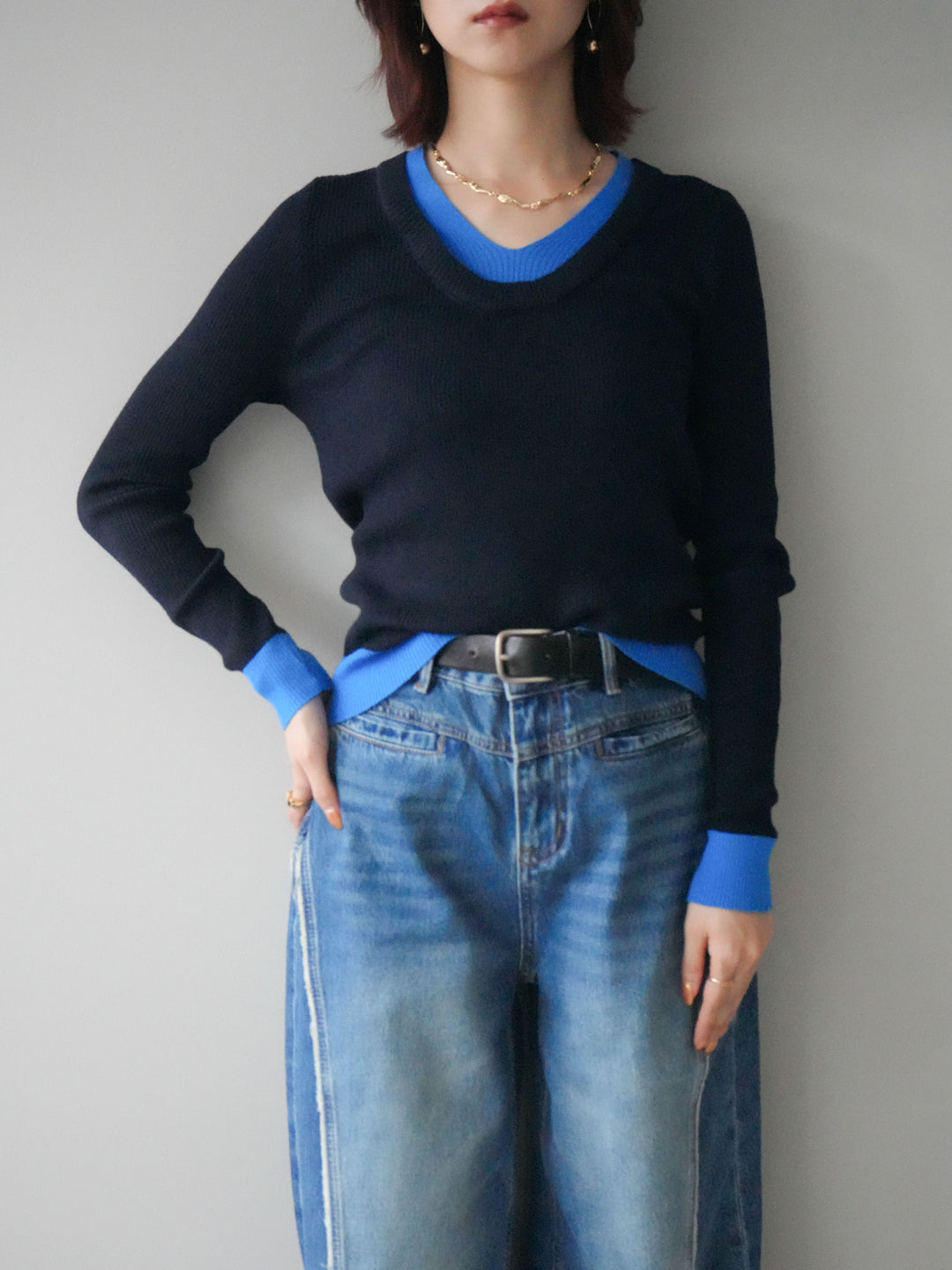 [SET]Uネック配色レイヤードリブニットトップス+サイドフリンジワイドデニムパンツ(2set)