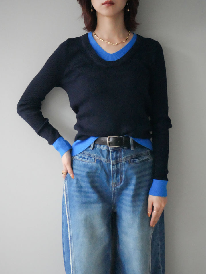 [SET]Uネック配色レイヤードリブニットトップス+サイドフリンジワイドデニムパンツ(2set)