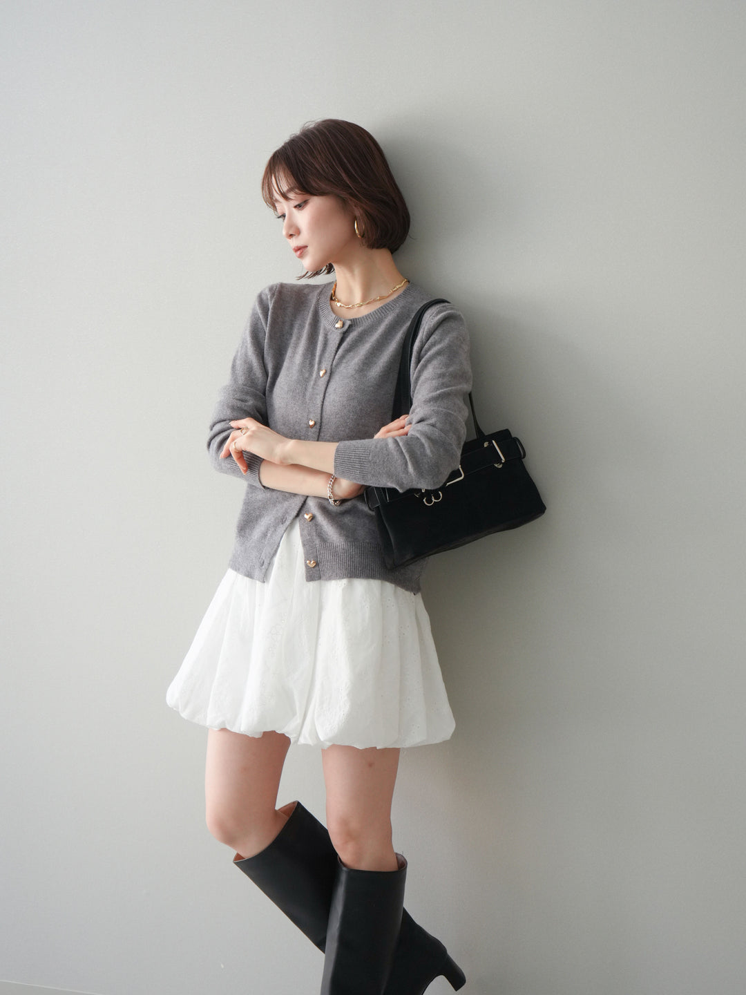 [予約]ハートボタンニットカーディガン/gray