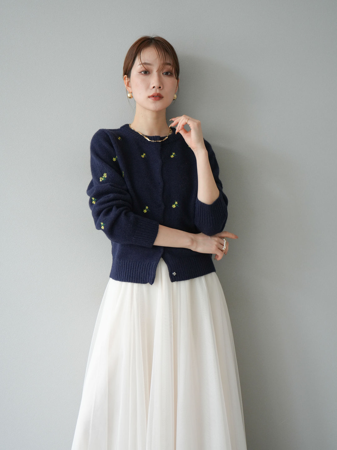 [SET]フラワー刺繍ニットカーディガン+チュールボリュームスカート(2set)
