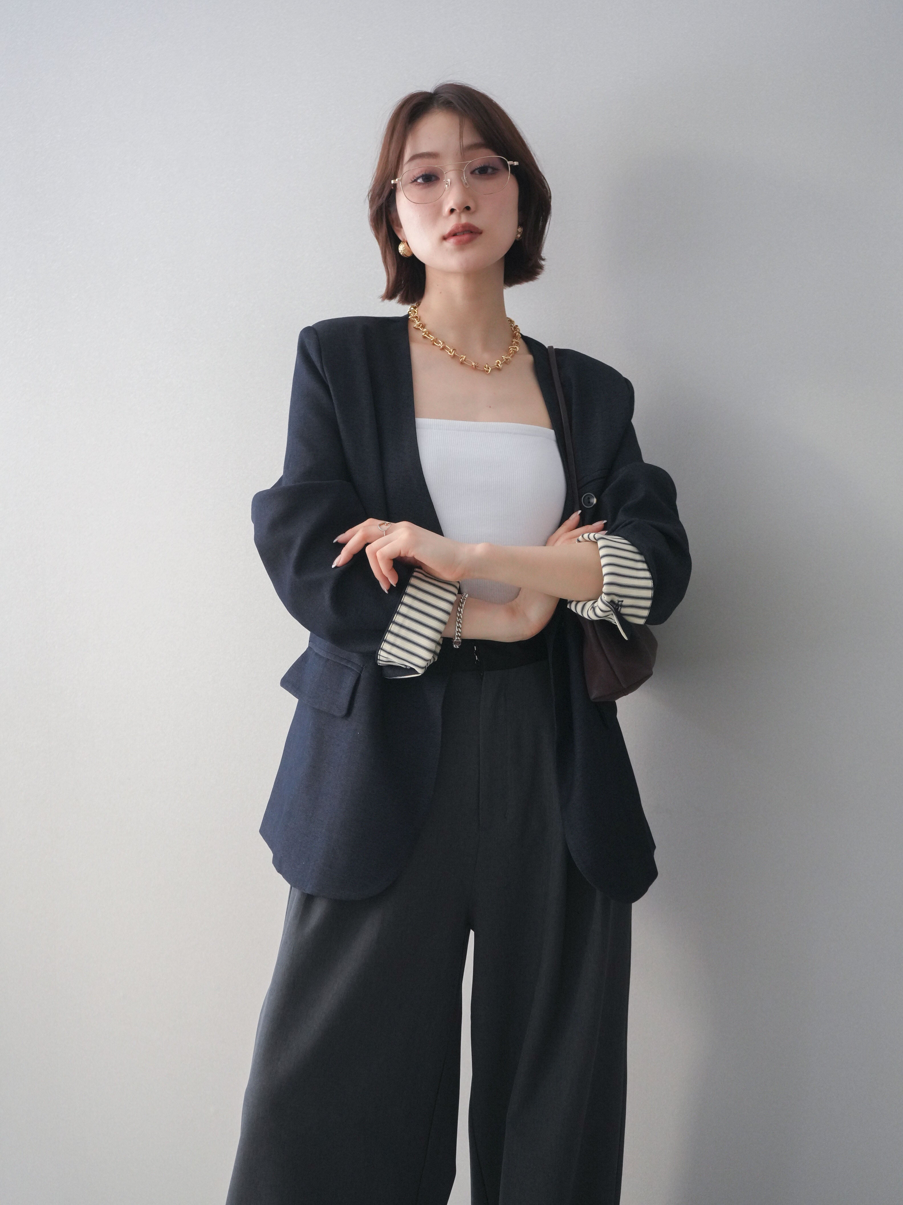 SET]ノーカラージャケット+サテンベルトタックワイドパンツ(2set) – Lumier