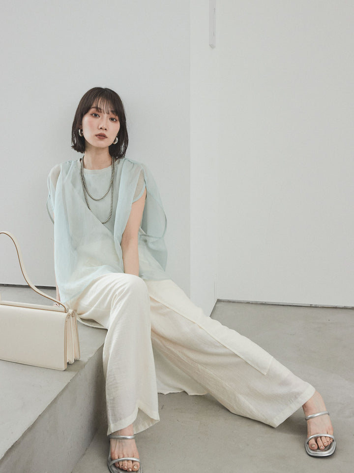 [SET]コンパクトスムースシアーレイヤードトップス+ワッシャーサテンレイヤードスカートパンツ(2set)