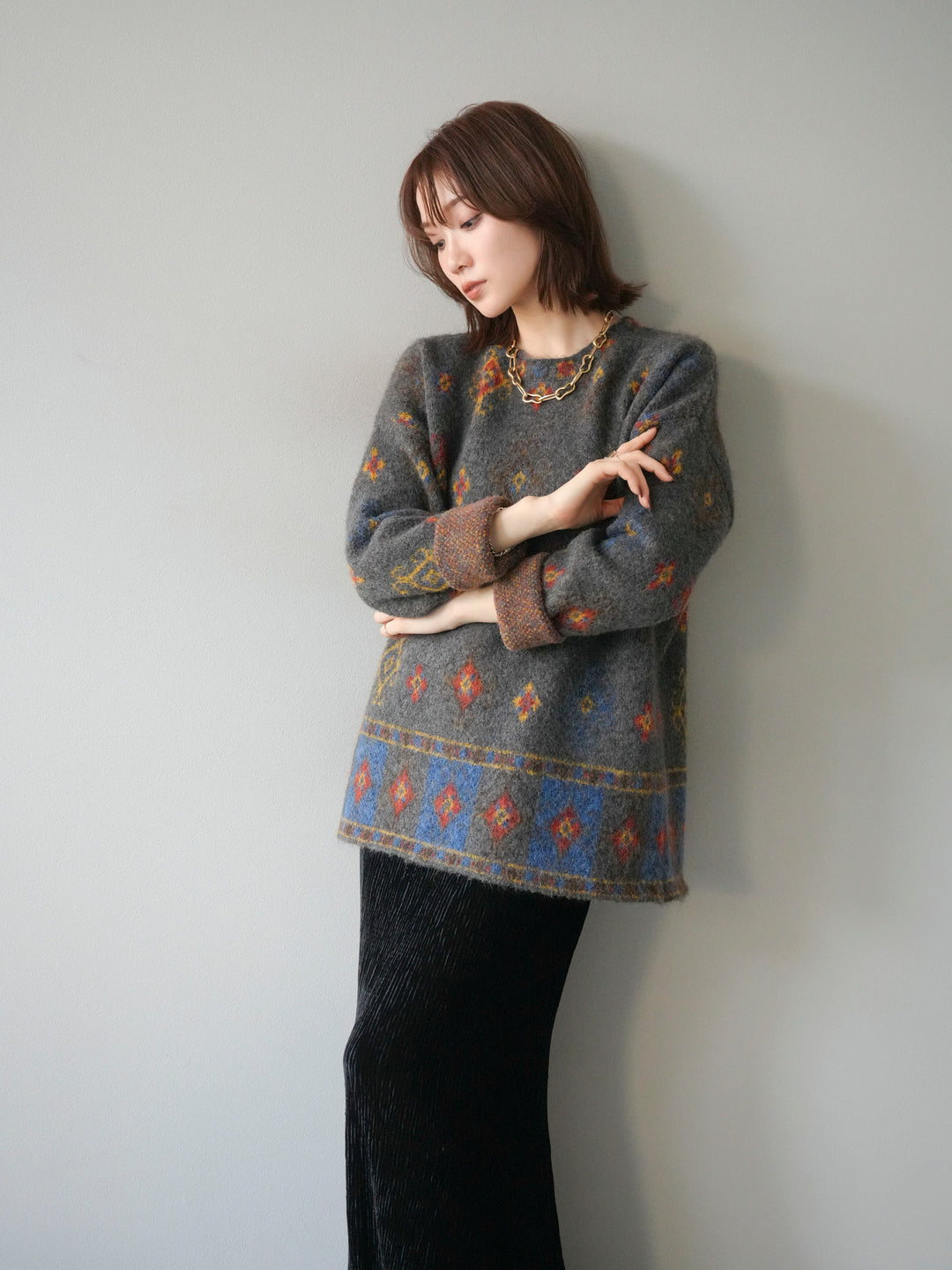 [予約]ヴィンテージ柄オーバーニットプルオーバー/チャコール
