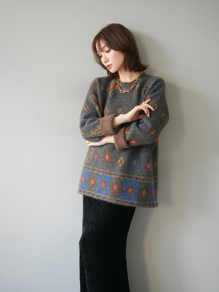 [予約]ヴィンテージ柄オーバーニットプルオーバー/チャコール