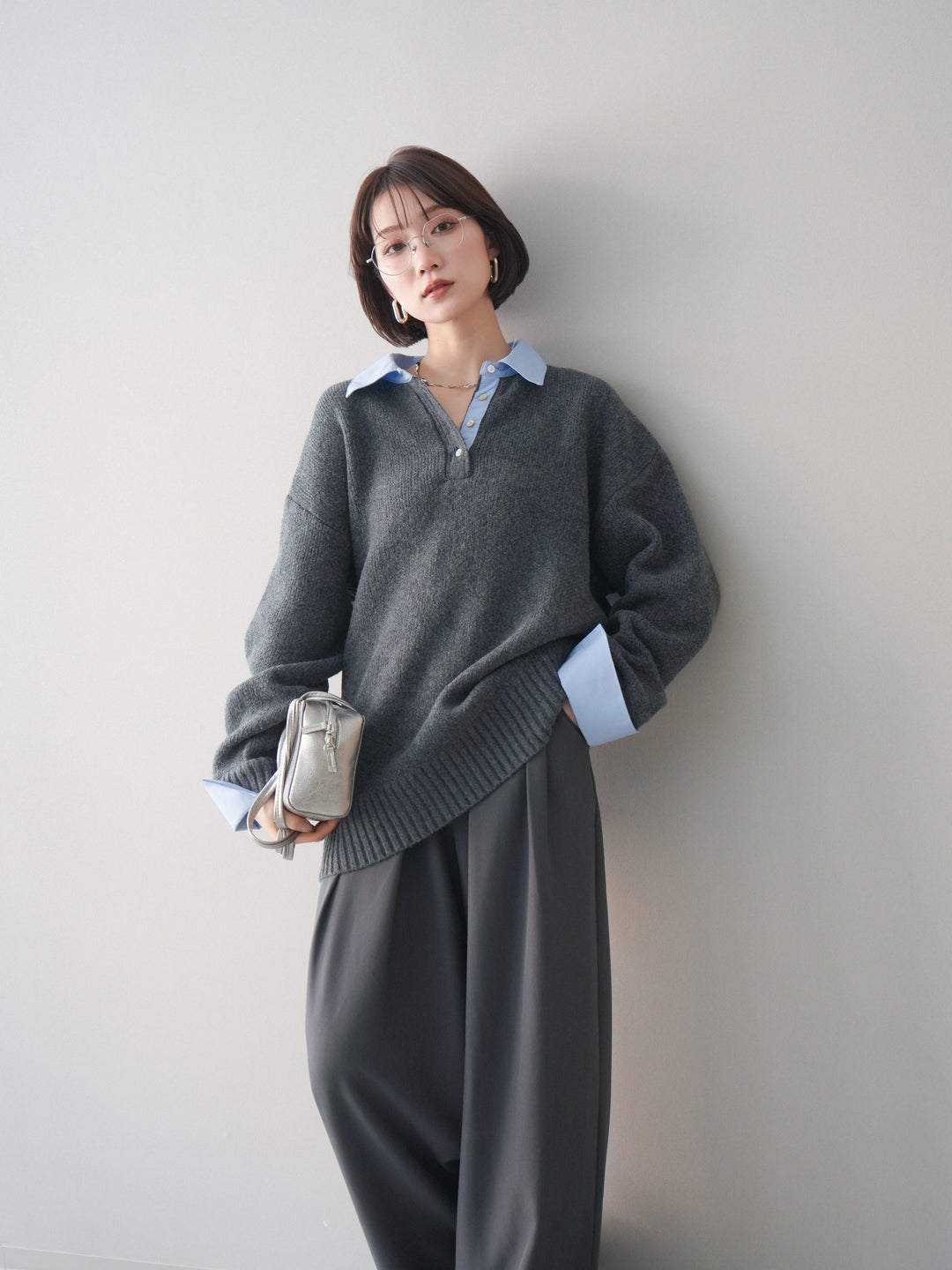 [予約]シャツドッキングオーバーニットプルオーバー/charcoalsax