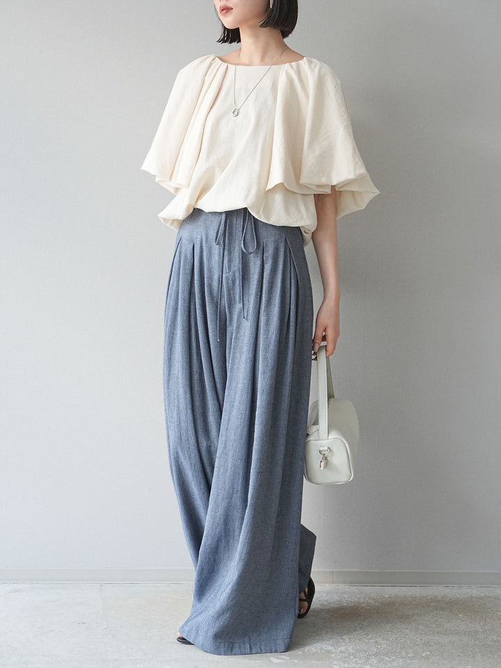 【預購】仿亞麻雙褶設計寬褲/藏青色