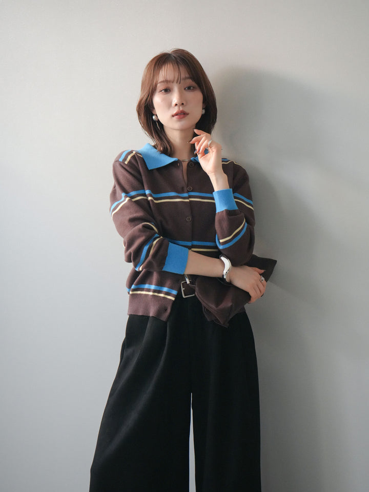 [予約]配色マルチボーダーポロニットカーディガン/brown