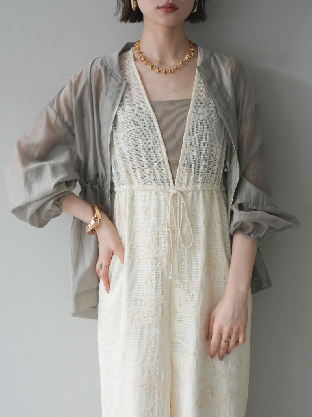 [SET]レース刺繍サロペット+ドロストシアーブルゾン(2set)