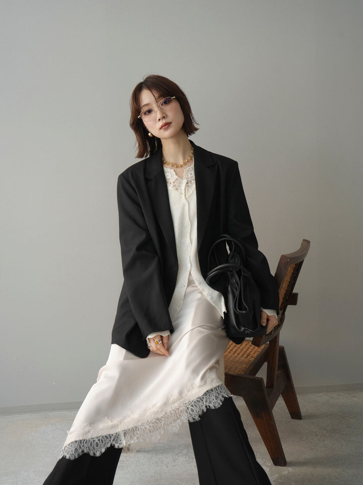 [SET]ダブルブレストオーバージャケット+サテンライクアシメレーススカート+センターシームフレアパンツ(3set)