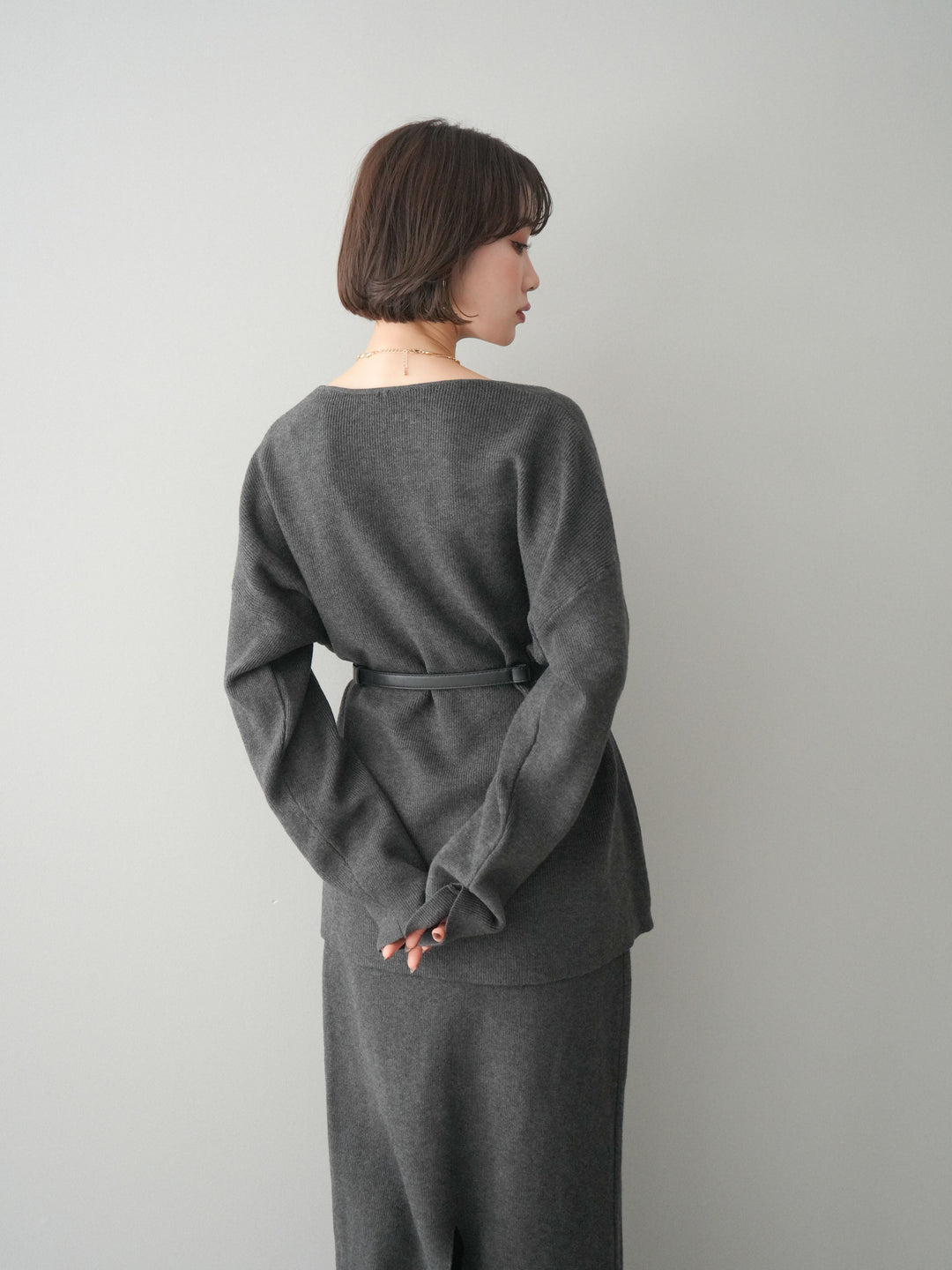 [SET]ベルト付Vネックニット＆スカートSET UP(2set)