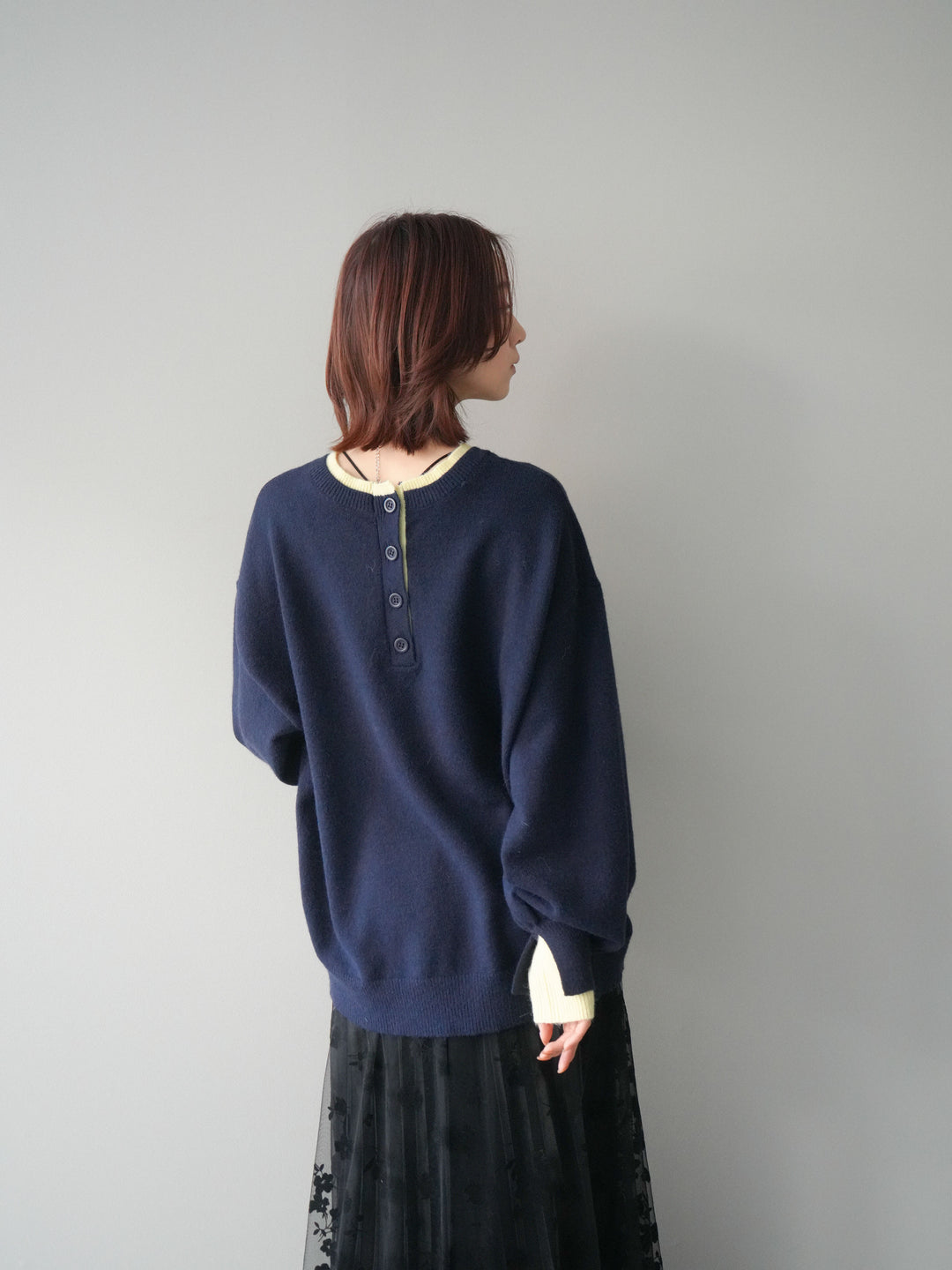 [SET]ヘンリーネック配色レイヤードニットプルオーバー+フラワーフロッキーチュールプリーツスカート(2set)