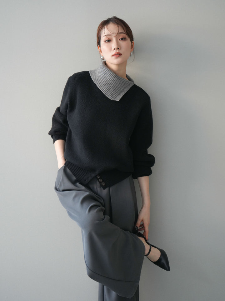 [予約]デザインネックバイカラーニットプルオーバー/black