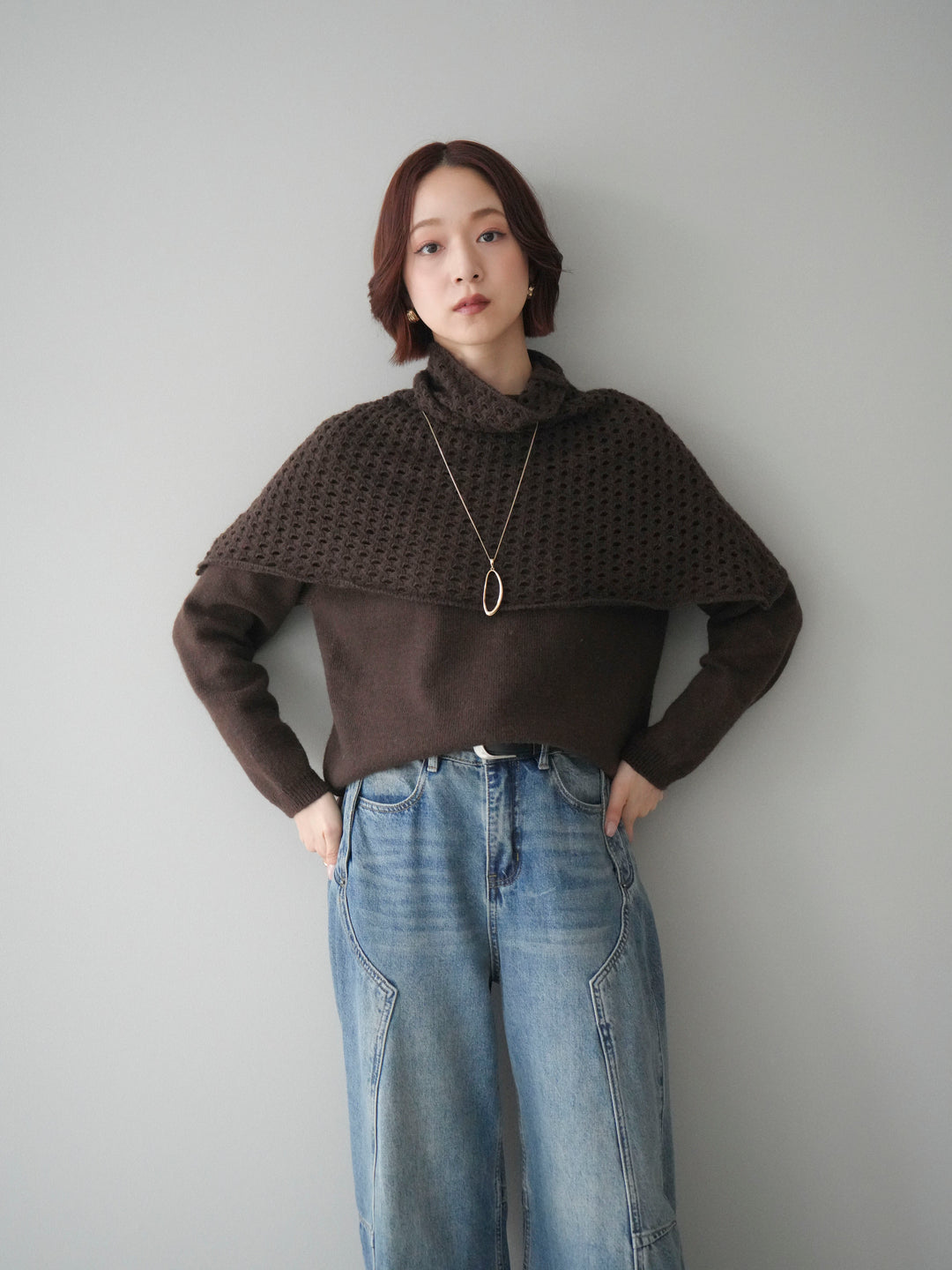 [予約]メッシュケープアンサンブルニットプルオーバー/brown