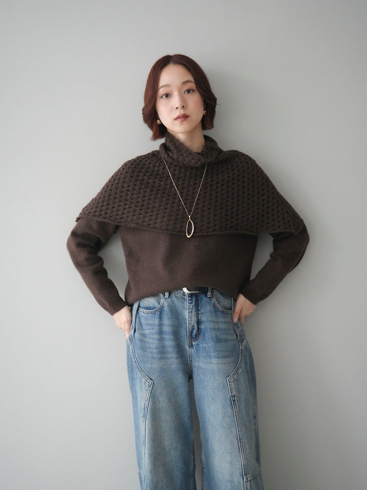 [予約]メッシュケープアンサンブルニットプルオーバー/brown