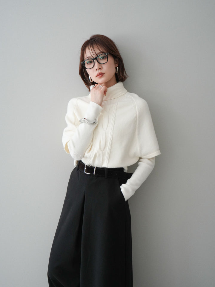 [予約]ケーブル編みタートルハーフスリーブニットアンサンブル/ivory
