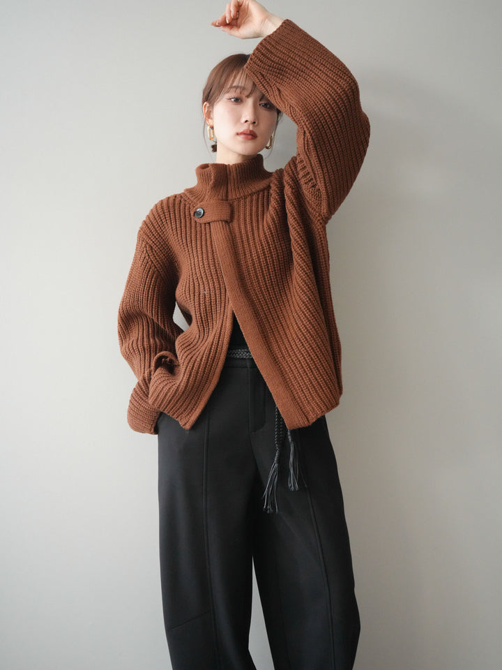 [SET]畦編みボトルネックZIPニットカーディガン+選べるアクセセット(2set)