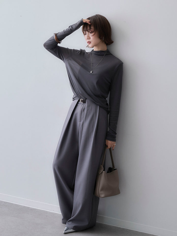 [SET]メッシュボトルネックトップス+ベルトループデザインワイドパンツ(2set)