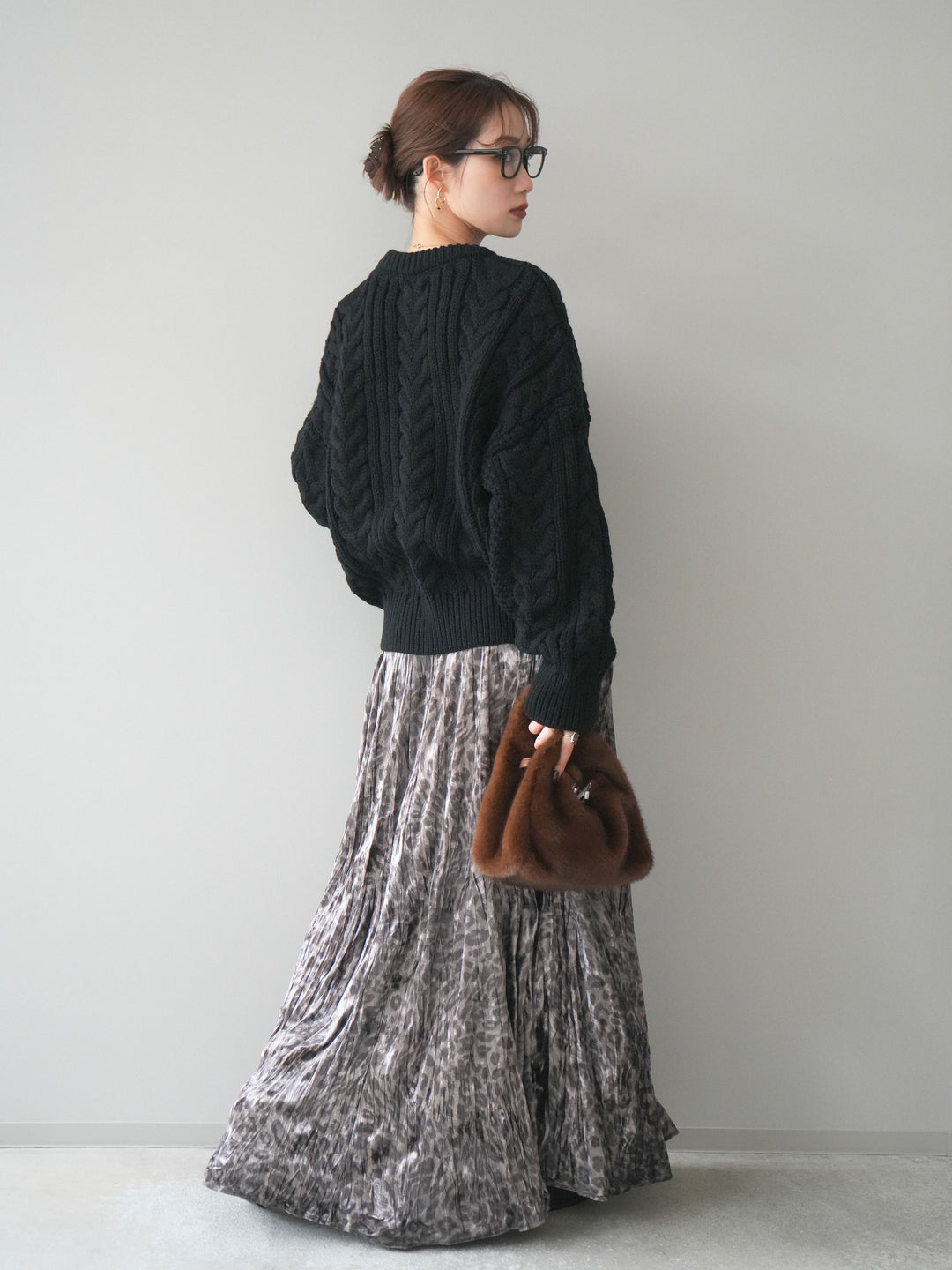 [予約]レオパードベロアワッシャーロングスカート/gray