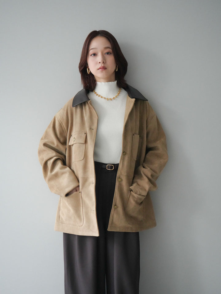 [SET]襟レザーステンカラースエードジャケット+袖ボタンボトルネックリブニットトップス+ベルトループデザインワイドパンツ(3set)