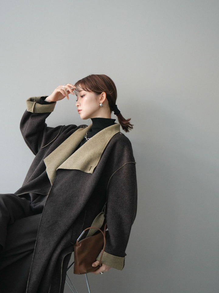 [予約]ダブルフェイスバイカラーロングコート/khaki