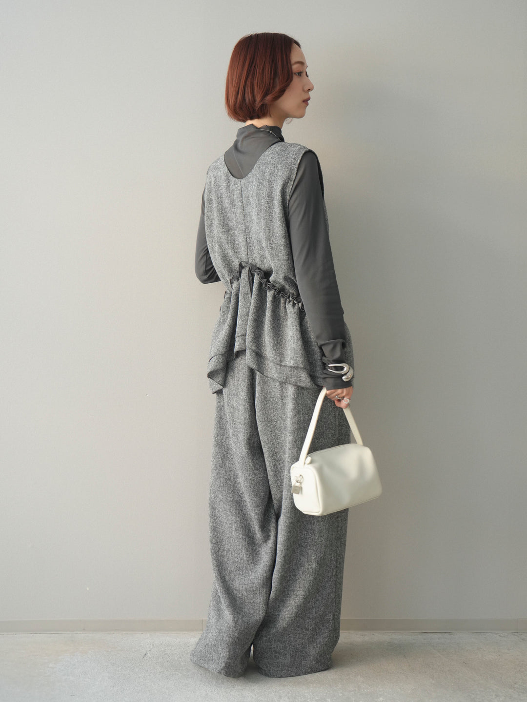 [SET]3WAYミックスツイードギャザーオールインワン+シアープチネックストレッチトップス(2set)