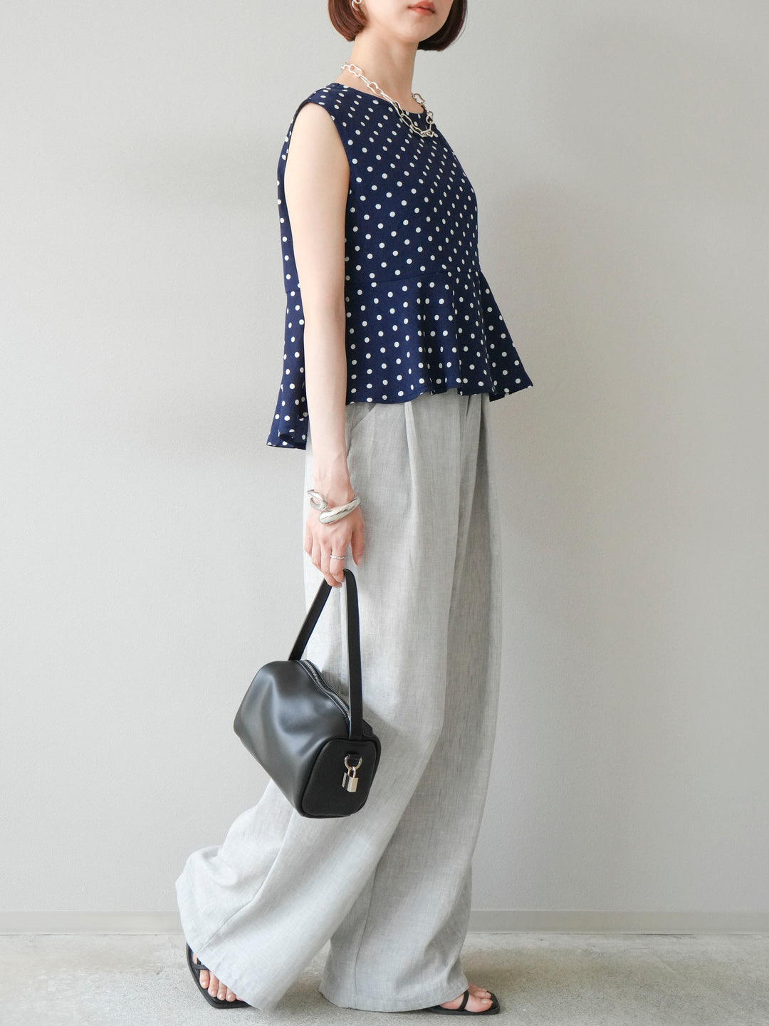 [予約]リネンライクベルト付タックループワイドパンツ/ライトグレー