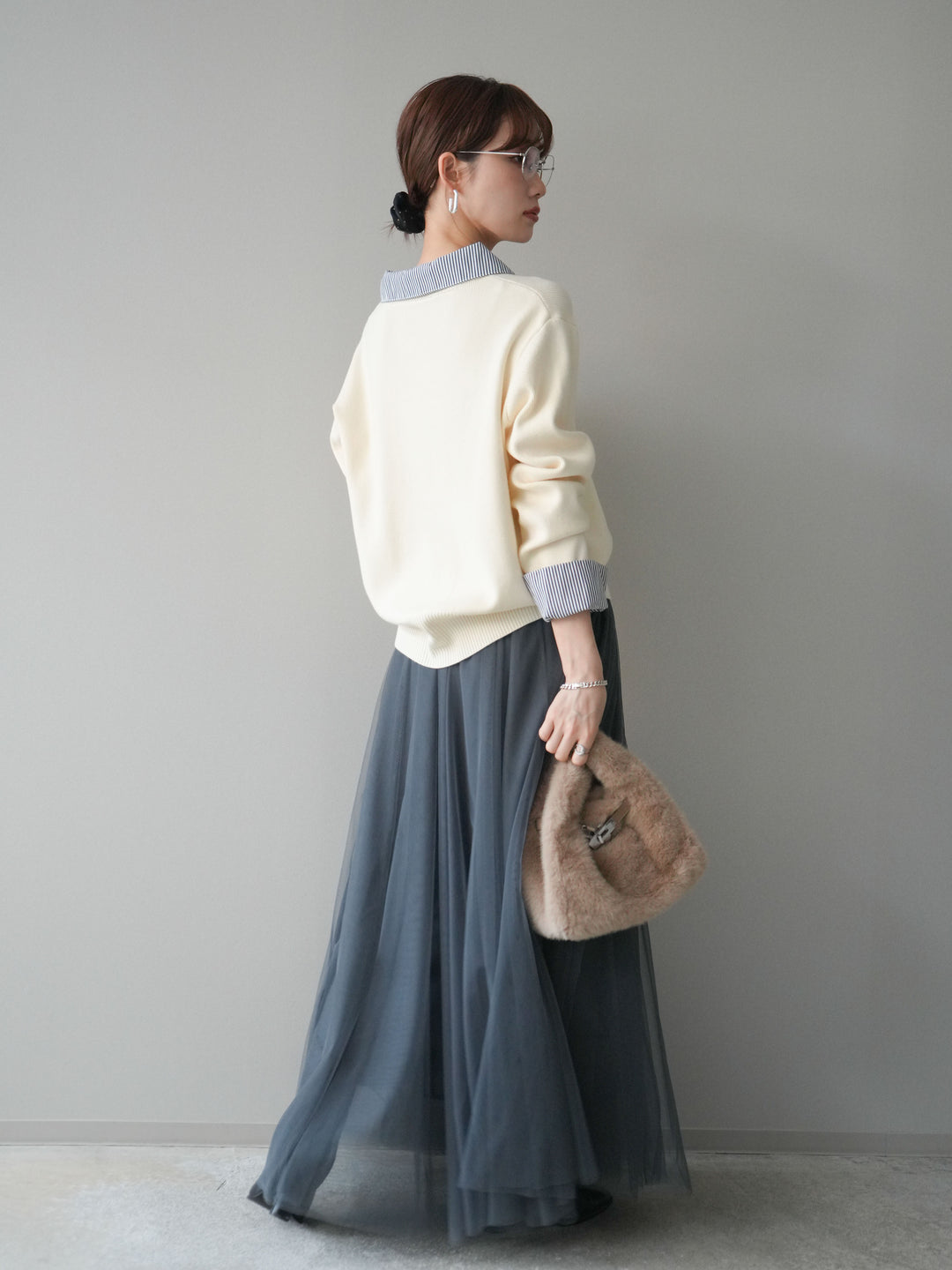 [SET]シャツドッキングデザイン裾ボタンニットプルオーバー+チュールボリュームスカート(2set)