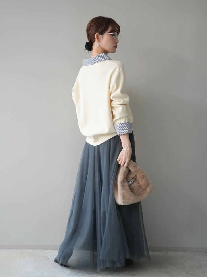 [SET]シャツドッキングデザイン裾ボタンニットプルオーバー+チュールボリュームスカート(2set)
