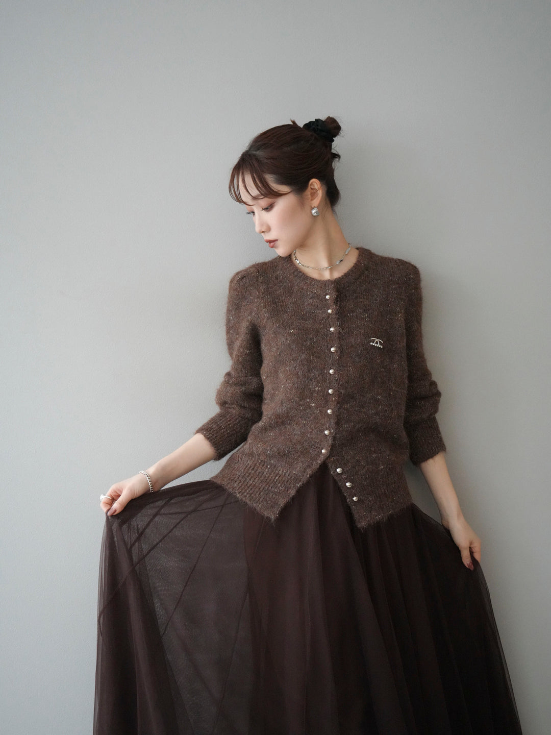 [予約]ブローチ付silverボタンミックスニットカーディガン/brown