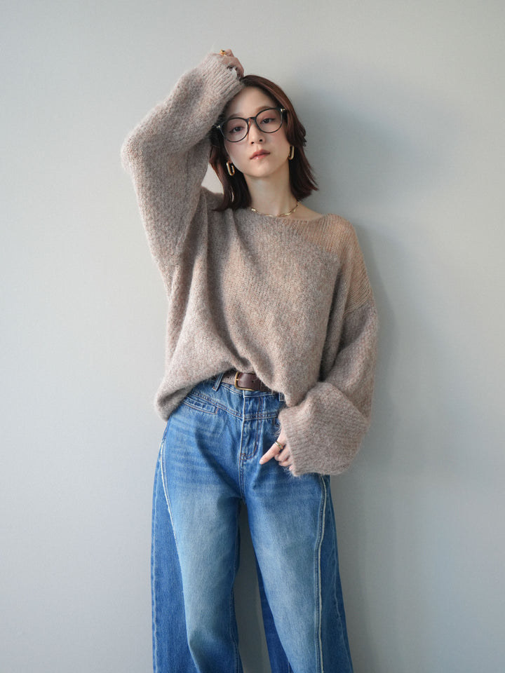 [SET]透かしデザインニットプルオーバー+サイドフリンジワイドデニムパンツ(2set)