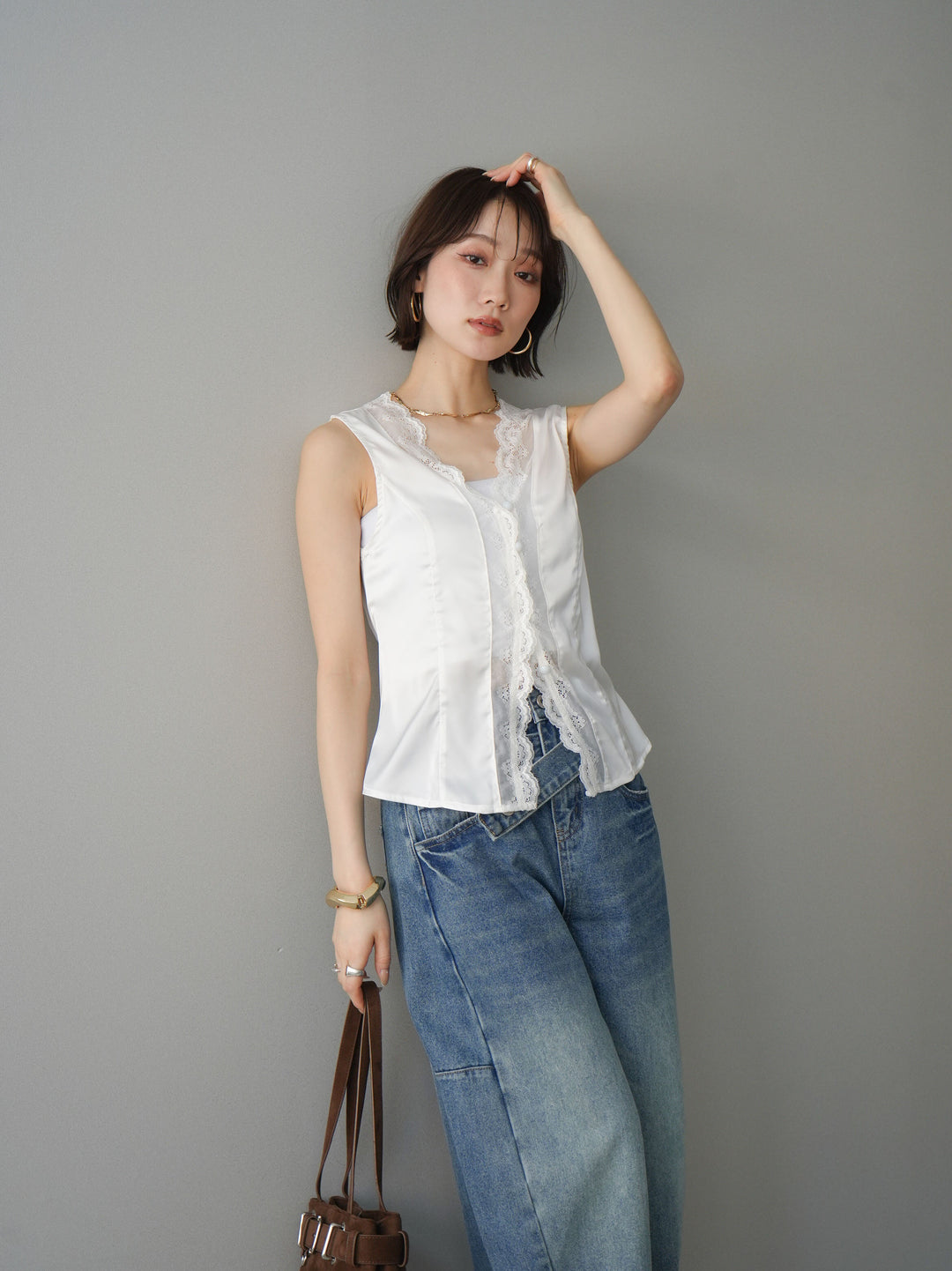 [予約]ノースリサテンレースキャミソール/white