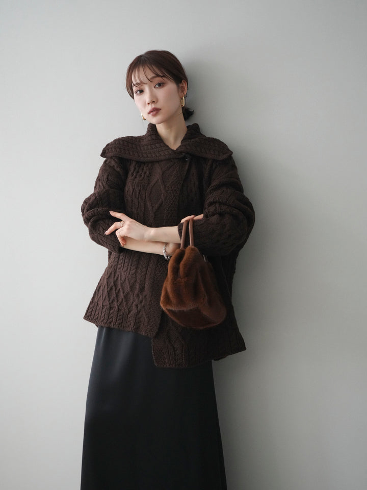 [予約]ケーブル編みデザインニットカーディガン/brown