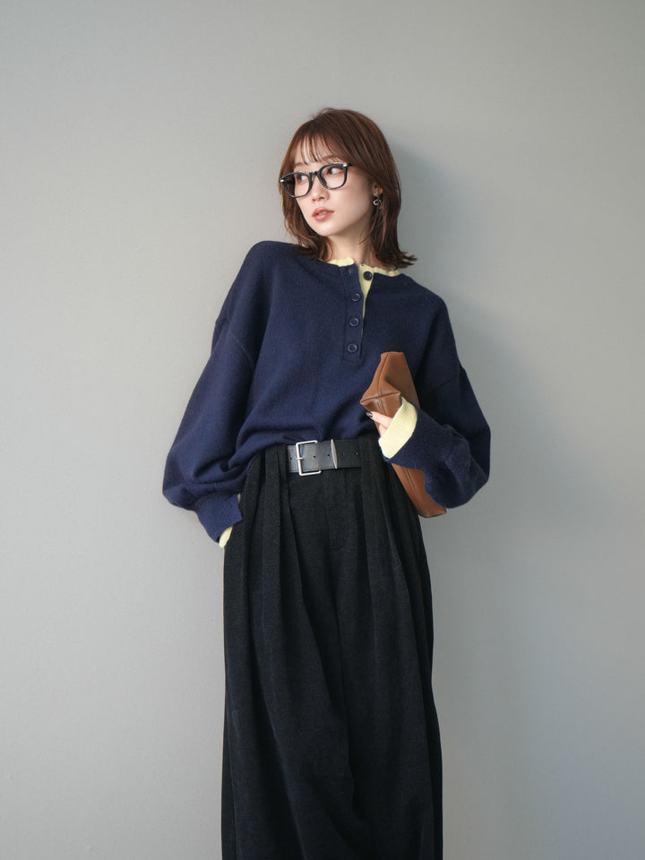 [予約]ヘンリーネック配色レイヤードニットプルオーバー/navy