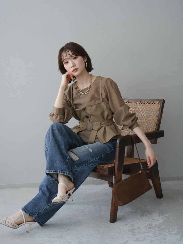 [SET]異素材ビスチェドッキングブラウス+選べるアクセセット(2set)