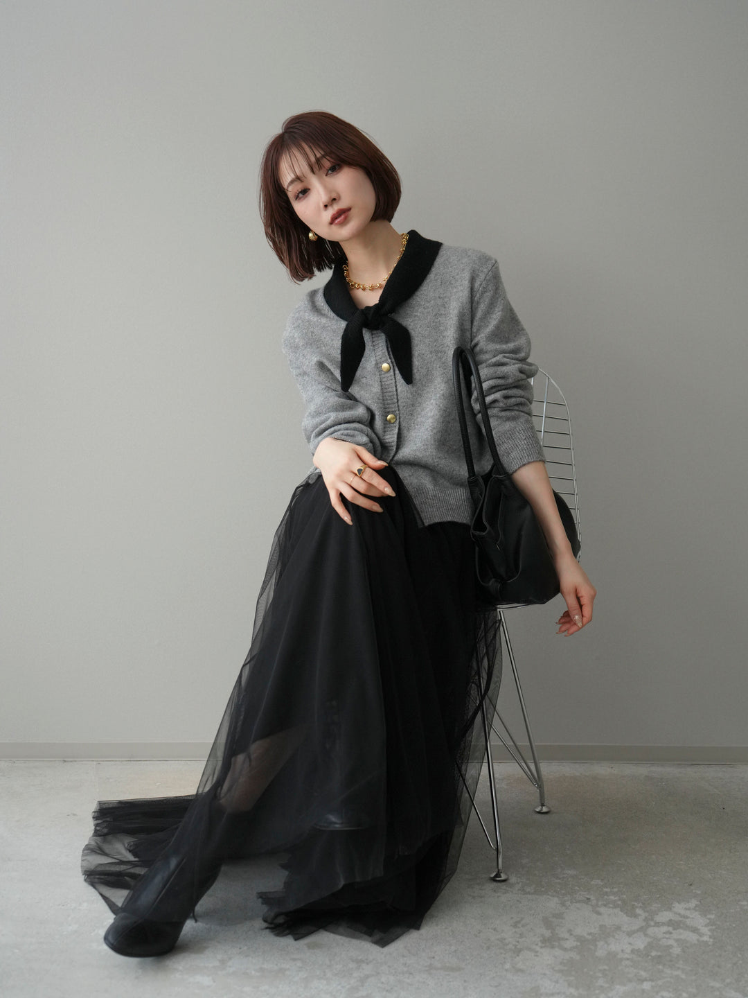 [SET]デザイン襟ニットカーディガン+チュールボリュームスカート(2set)