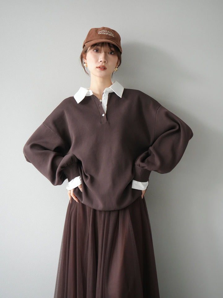 [預訂] 領口Polo針織套衫/棕色