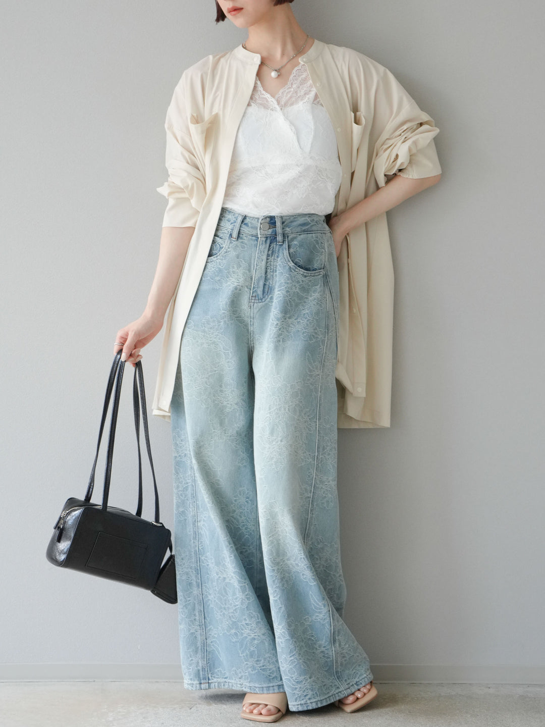 【預購】花提花牛仔寬褲/藍