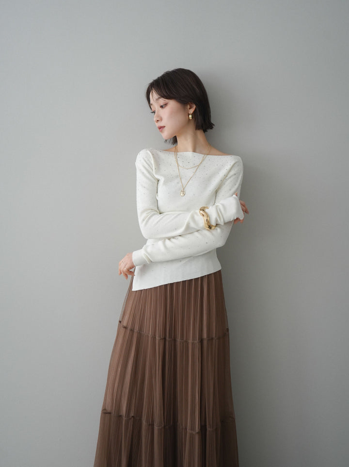 [予約]ラインストーンアシンメトリーニットトップス/ivory