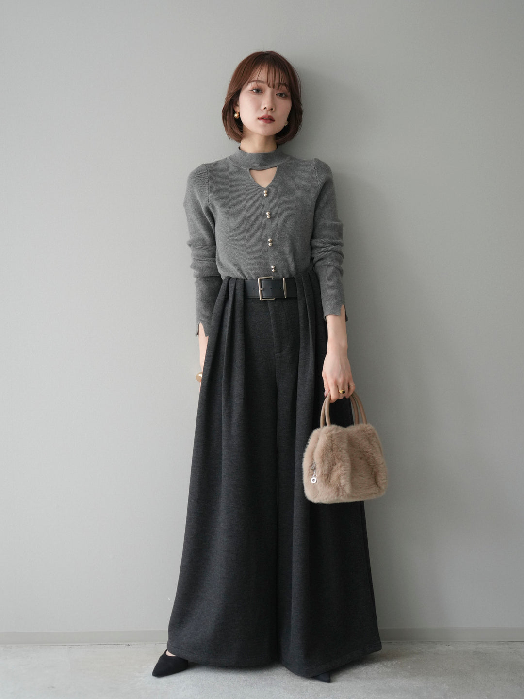 [予約]チョーカーデザインボタンリブニットトップス/gray