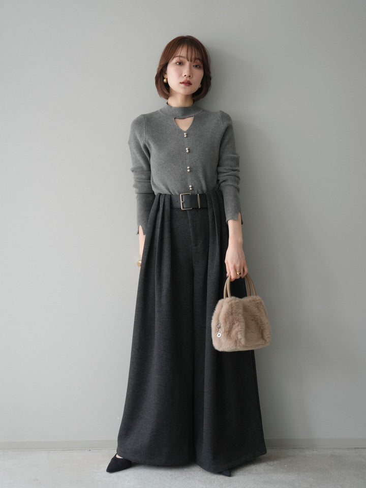 [予約]チョーカーデザインボタンリブニットトップス/gray