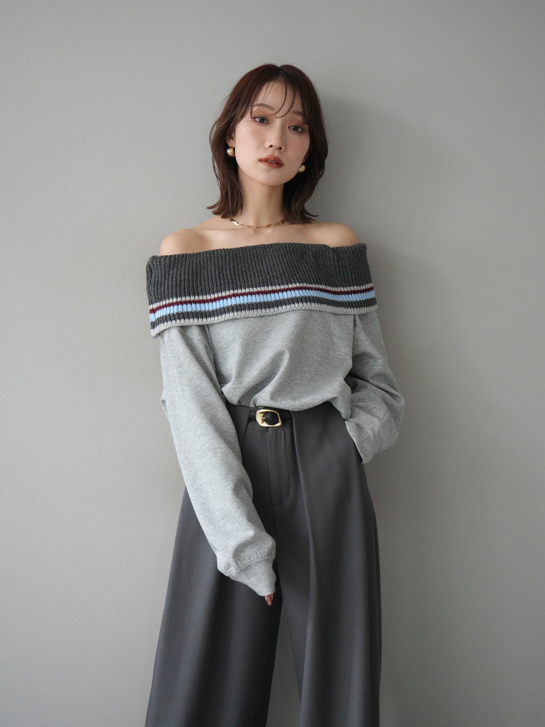 [予約]ボーダーニットオフショルダーxスウェットプルオーバー/gray